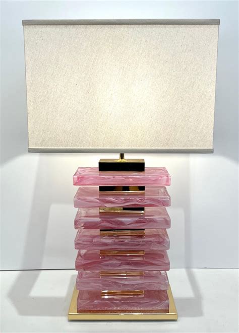 Italian Modern Pair Of Architectural Urban Design Pink Murano Glass Brass Lamps For Sale At 1stdibs