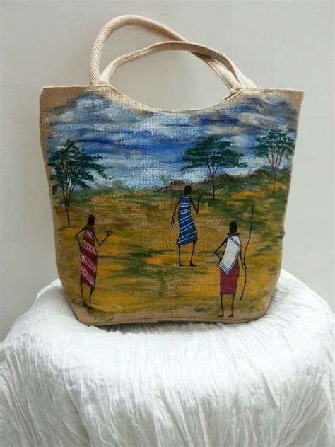 African Painting On Jute Tote Bag Pintura Em Tecido