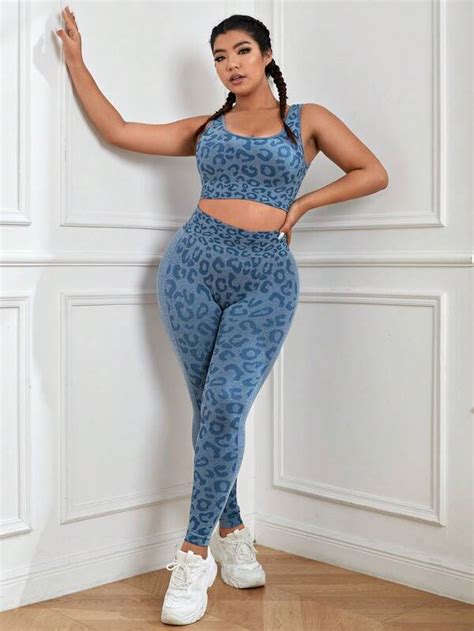 Yoga Basic Plus Leopard Print Wideband Waist Sports Set Shein Usa