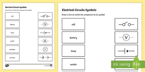 Electrical Circuits Symbols Matching Activity Worksheet for 3rd-5th Grade