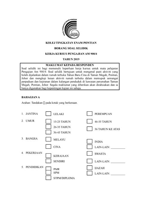 Borang Soal Selidik Pengajian Am Pelancongan Panduan Kerja Kursus