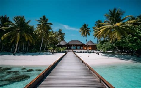 Una Pasarela De Madera Conduce A Una Playa Con Palmeras Y Una Playa Al