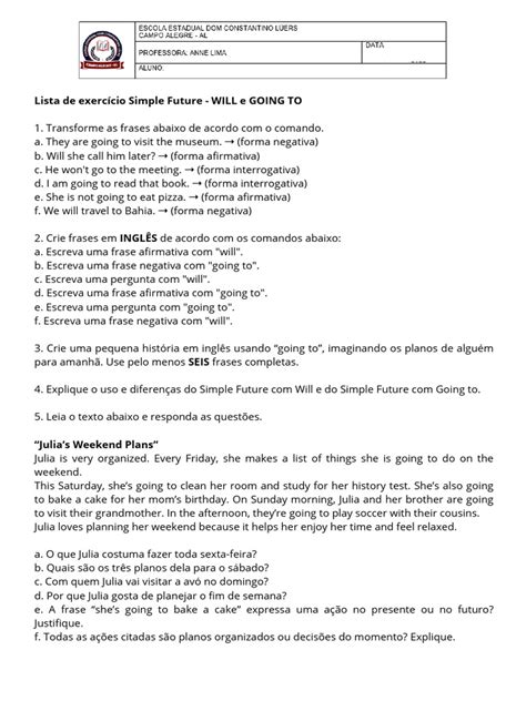 Exercicios Will E Going To - Exercícios de Simple Future: WILL e GOING TO | PDF