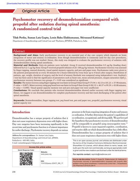 Pdf Psychomotor Recovery Of Dexmedetomidine Compared With Propofol After Sedation During