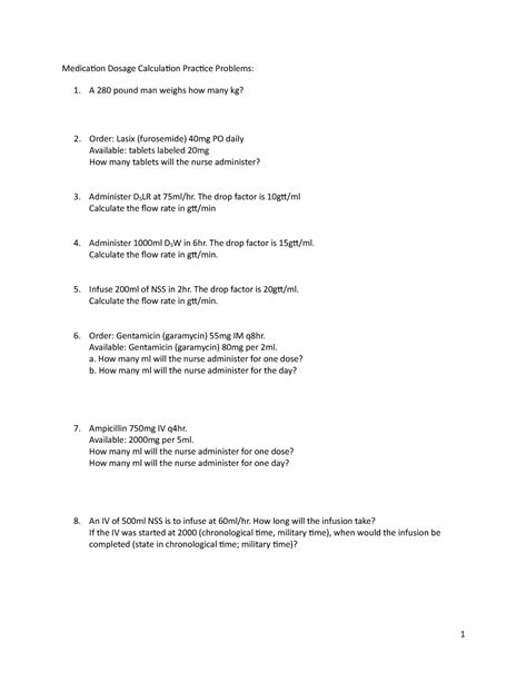 Dosage Calculation Practice The Drop Factor Is 10gttml Calculate The