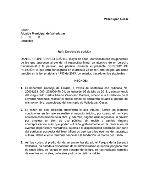 Derecho De Petici N Sirve Valledupar Cesar Se Or Alcalde Municipal