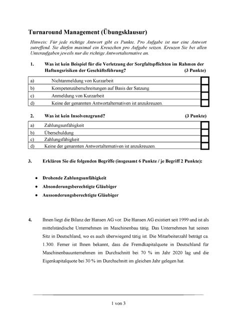 Klausur TM SS2021 Übungsklausur 1 von 3 Turnaround Management