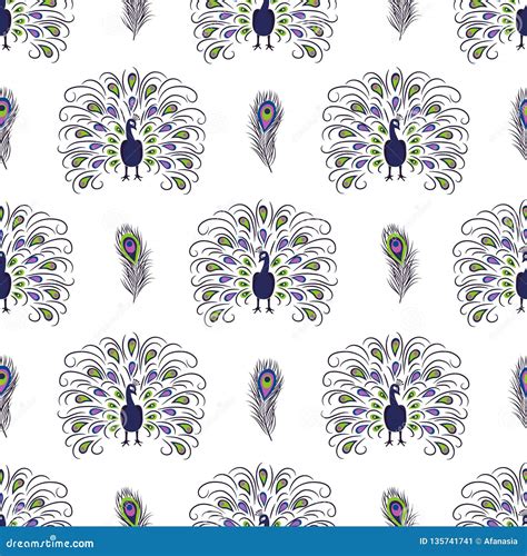 Seamless Hand Drawn Peacock Pattern Vector Background Stock Vector