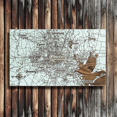 Houston Texas Wood Map Burnt Laser Cut Wall Map Whimsical