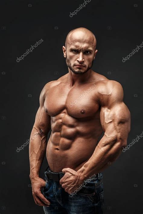 Shirtless Muscled Fitness Man Cool Looking Tough Guy Bald Tanned