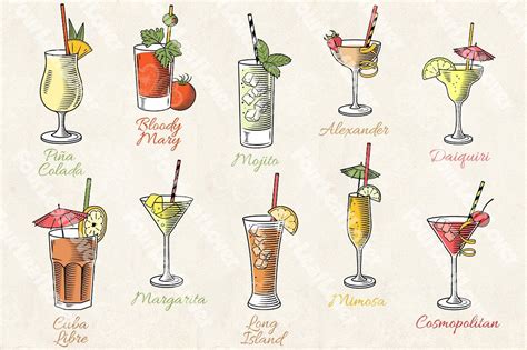 Cocktails Illustrations Set Cocktail Illustration Cocktails Illustration