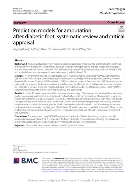 Pdf Prediction Models For Amputation After Diabetic Foot Systematic Review And Critical Appraisal