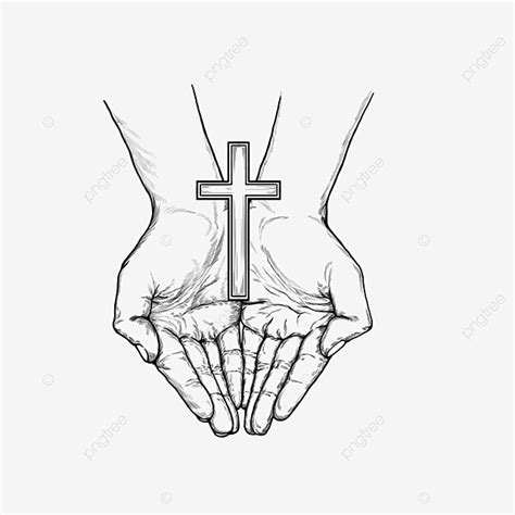 Hand Drawn Cross PNG Transparent, Line Drawing Hand Drawn Cross Praying Palm, Cross Drawing ...