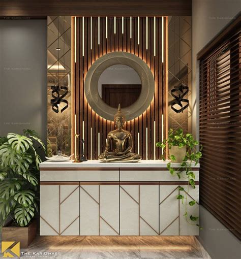 A Room With A Mirror Potted Plant And Buddha Statue On The Counter Top