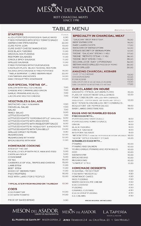 Carta del restaurante Mesón del Asador El Puerto El Puerto del Santa