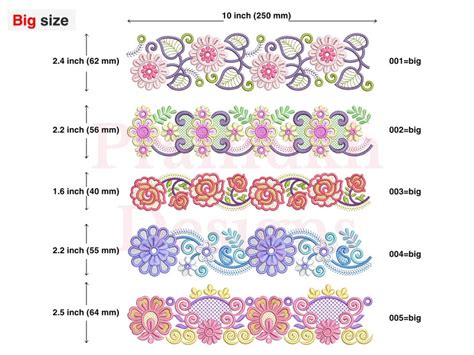 5 Flower Embroidery Border Designs Bundle 2 Sizes Instant Digital