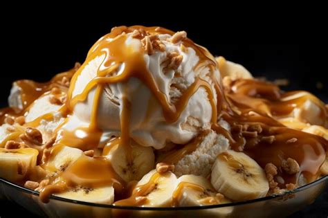 Premium Photo Banana Foster Caramel Swirl Ice Cream In A Glass Bowl