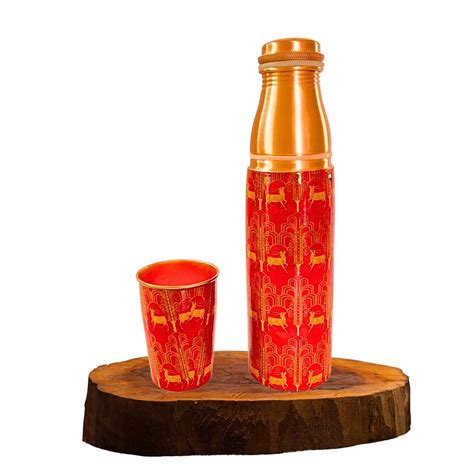 Raag By Raisa Meenakari Design And Printed Copper Bottle With Glass