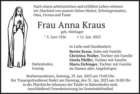 Traueranzeigen Von Anna Kraus Trauer Merkur De