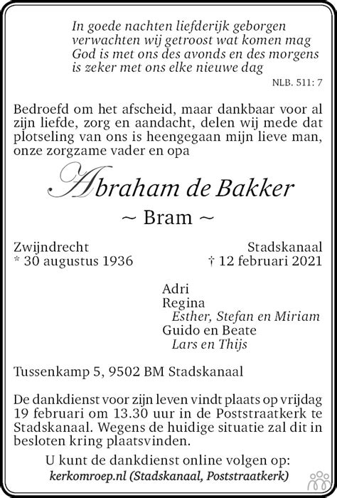 Abraham Bram De Bakker Overlijdensbericht En Condoleances