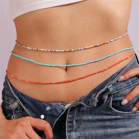 West African Waist Beads Belly Chain Set Of 3 Elastic Beaded Body