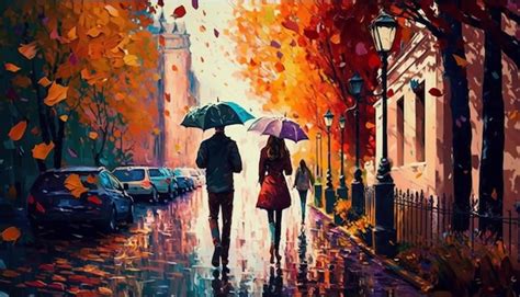 Una Pintura De Una Pareja Caminando Bajo La Lluvia Con Paraguas Foto