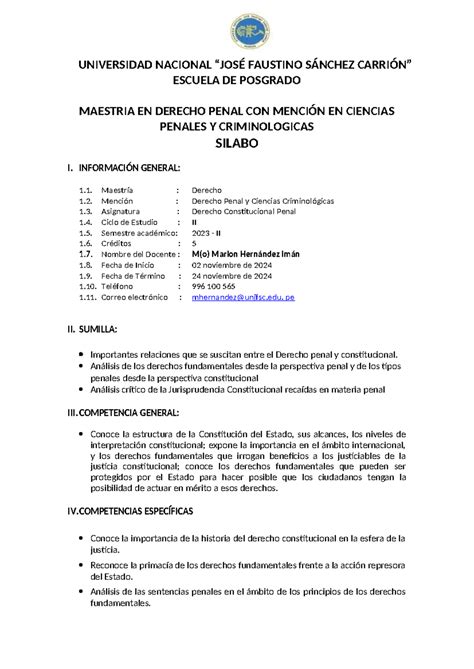 Silabo DE Derecho Constitucional Penal UNIVERSIDAD NACIONAL JOSÉ