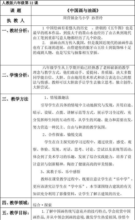 金马小学美术6上《中国画与油画》孙晋玲word文档在线阅读与下载无忧文档