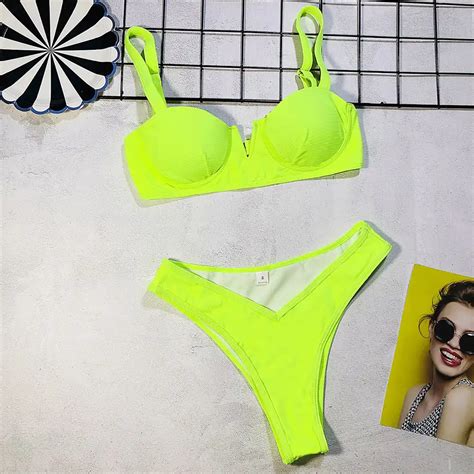 New High Waist Thong Bikini Set Swimwear Sexy Fluorescent Orange Split