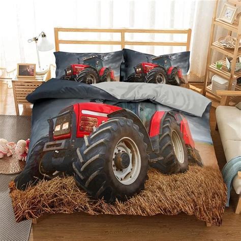 Housse de Couette Tracteur Rouge Parure de Lit 1 Personne avec