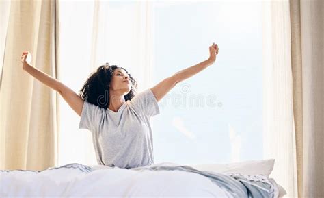 Black Woman Morning Stretching And Wake Up In Home Bedroom After