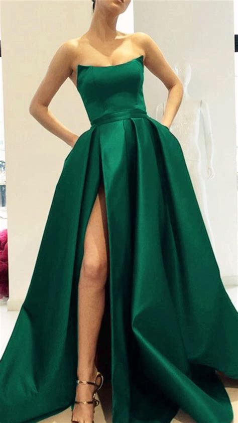 Strapless Bodice Corset Long Satin Leg Split Evening Dresses [video] [video] Dark Green Prom