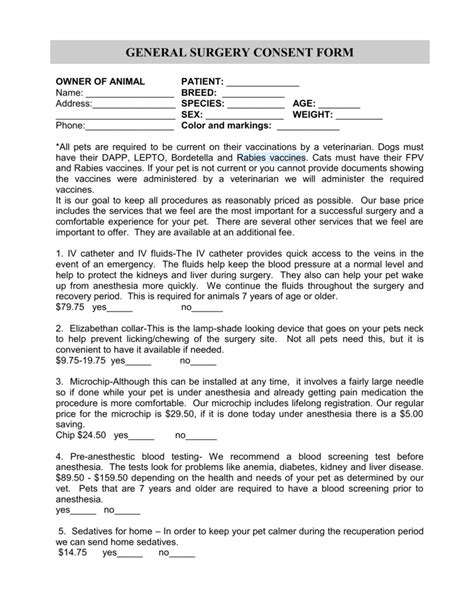 General Surgery Consent Form Fire Mountain Veterinary Hospital