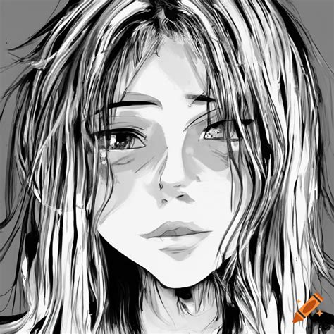 Black And White Drawing Of A Woman With Messy Hair