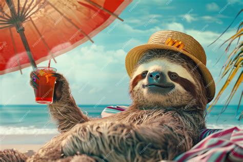 Premium Photo A Crazy Sloth Lies Chilled By The Sea With A Sun Hat