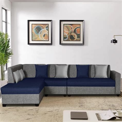 Furny Bartoss Seater Fabric Lhs L Shape Sofa Set Blue Grey Amazon