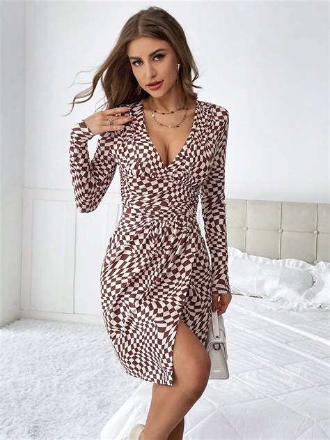 Shein Privé Geo Print Plunging Neck Wrap Hem Dress Shein Usa