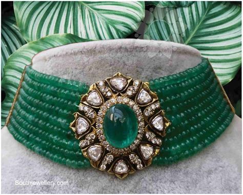 Emerald Beads Choker With Victorian Polki Pendant Indian Jewellery