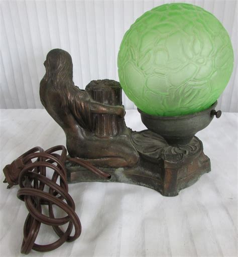 Vintage Art Deco Table Accent Lamp Reclining Nude Design Green Glass