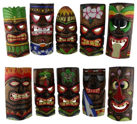 10 Piece Polynesian Party Hand Carved Island Style Wooden Tiki Masks 10 Inch Tropical Wall