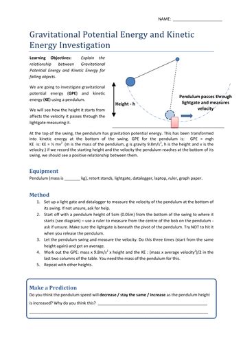 Gravitational Potential And Kinetic Energy Worksheet Teaching Resources