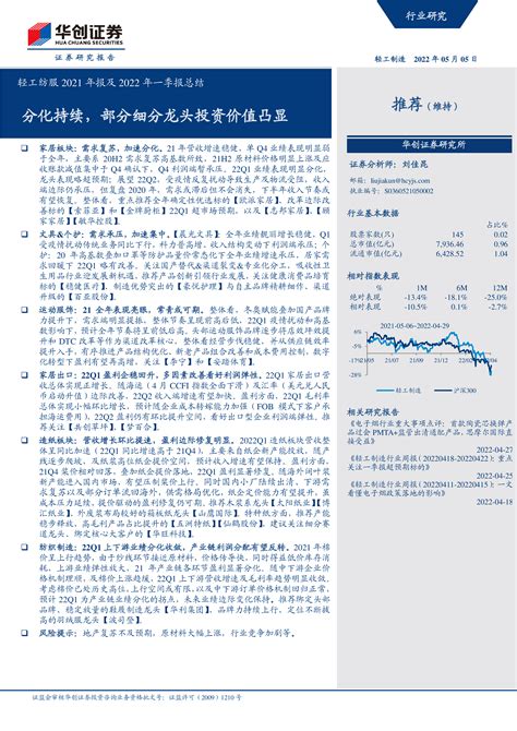 轻工纺服2021年报及2022年一季报总结：分化持续，部分细分龙头投资价值凸显 洞见研报 行业报告