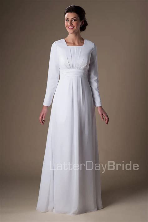 White Chiffon Temple Modest Wedding Dresses Long Sleeves A Line Floor