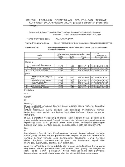 Bentuk Formulir Rekapitulasi Perhitungan Tingkat Komponen Dalam Negeri