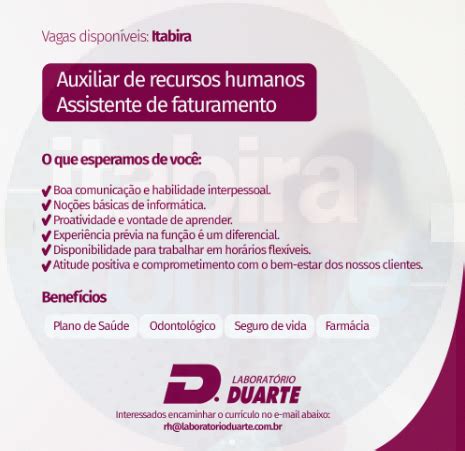 Laboratório Duarte oferta duas vagas de emprego para Itabira Itabira