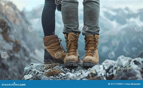 Close Up Of Two Pairs Of Legs Wearing Hiking Boots On A Mountain Peak