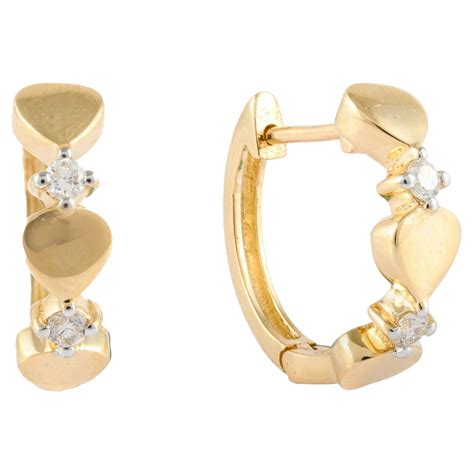 Dainty Love Heart Diamond Huggie Hoop Earrings In 14karat Solid Yellow Gold For Sale At 1stdibs