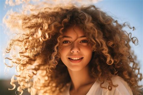 Belle Fille Aux Cheveux Bouclés Qui Coule En Regardant La Caméra