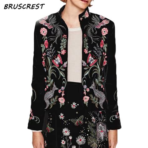 Vintage Floral Flower Velvet Embroidered Jacket Women Basic Coats Long