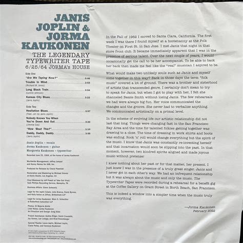 Janis Joplin Jorma Kaukonen The Legendary Typewriter Tape Vinyl